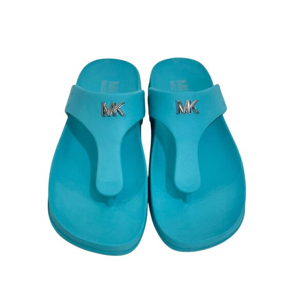 Michael Kors Linsey Women Turquoise MK Logo Tstrap Slide Sandals SZ 6M Eva Upper - Picture 3 of 13